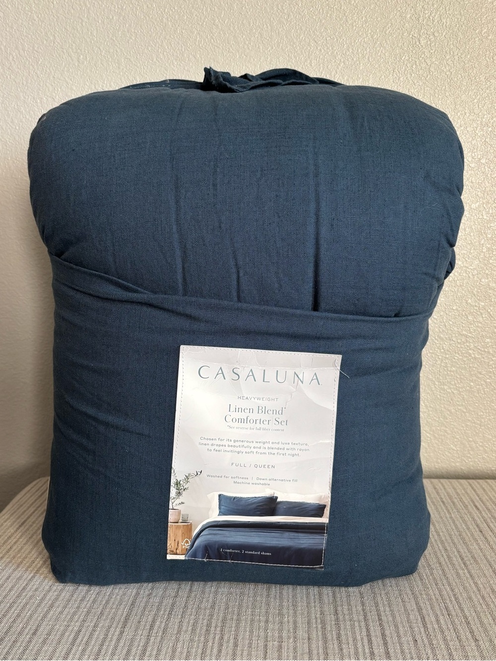 NWT Full/Queen Heavyweight Linen Blend Comforter and Sham Set Dark Mineral Blue